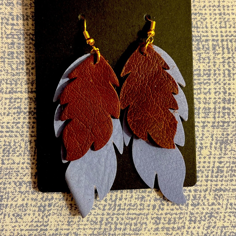 Leaf shaped, two tier, blue and brown, real leather earrings.